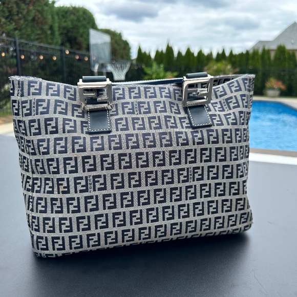Fendi Handbags - FENDI Vintage Zucchino  Navy Leather & Grey Canvas Tote Bag